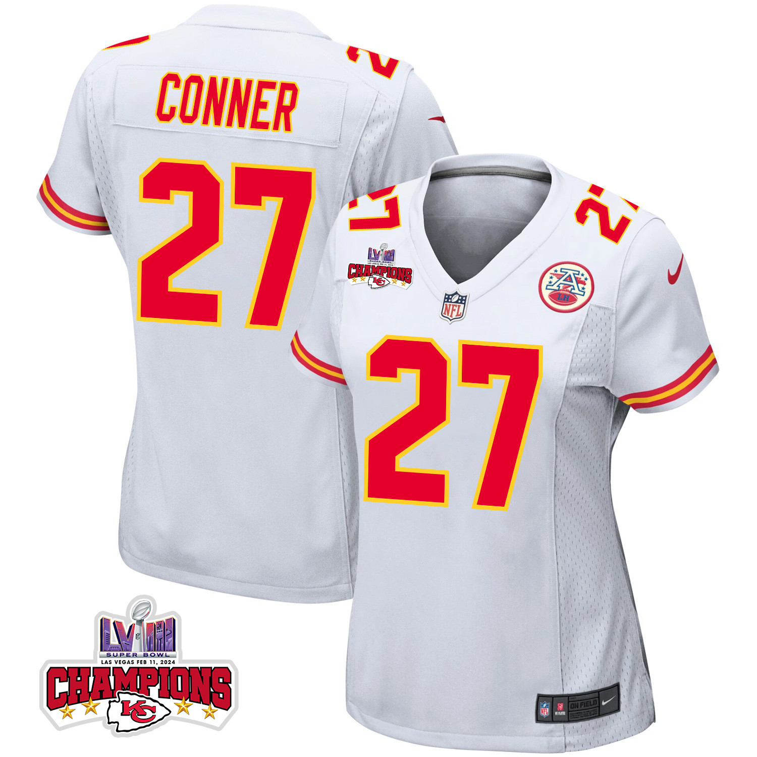 Chamarri Conner 27 Kansas City Chiefs Super Bowl LVIII Champions 4 Stars Patch Game White NFL Jersey Women's