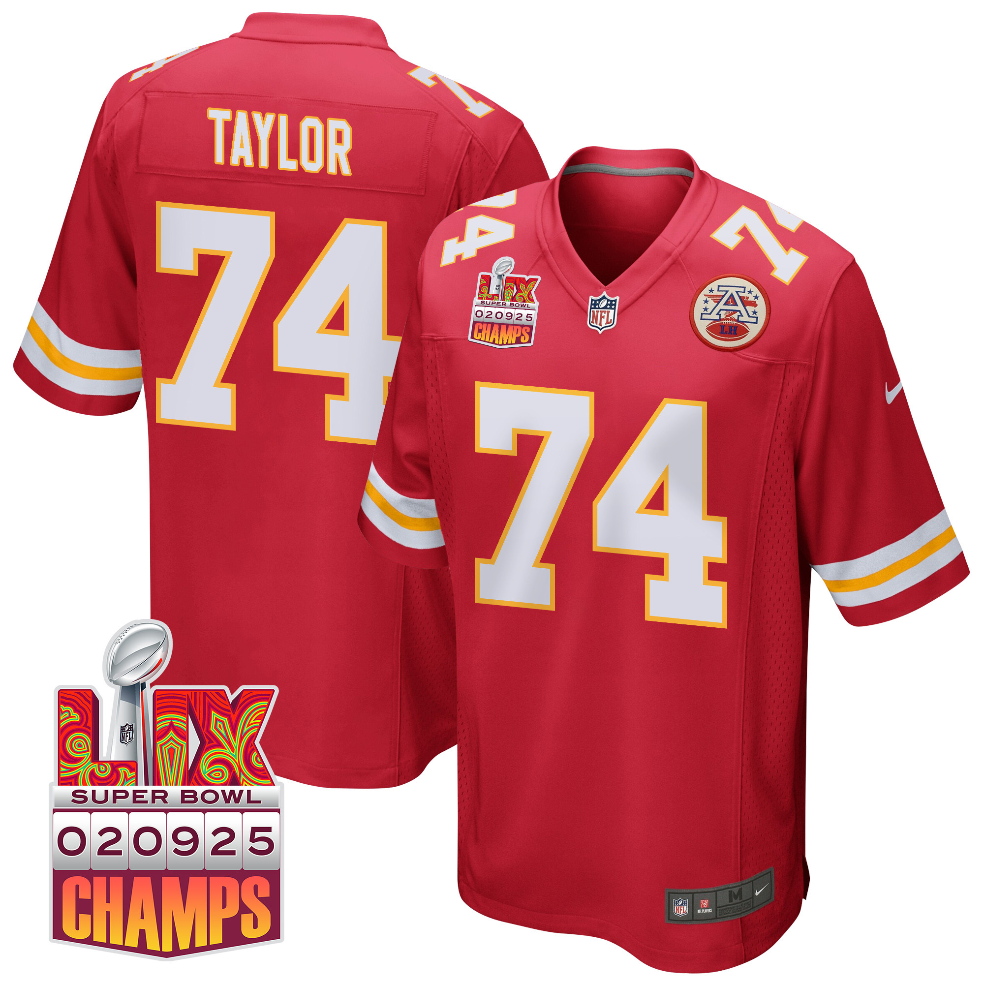 Jawaan Taylor 74 Kansas City Chiefs Super Bowl LIX Champions Patch Game Red NFL Jersey Men's