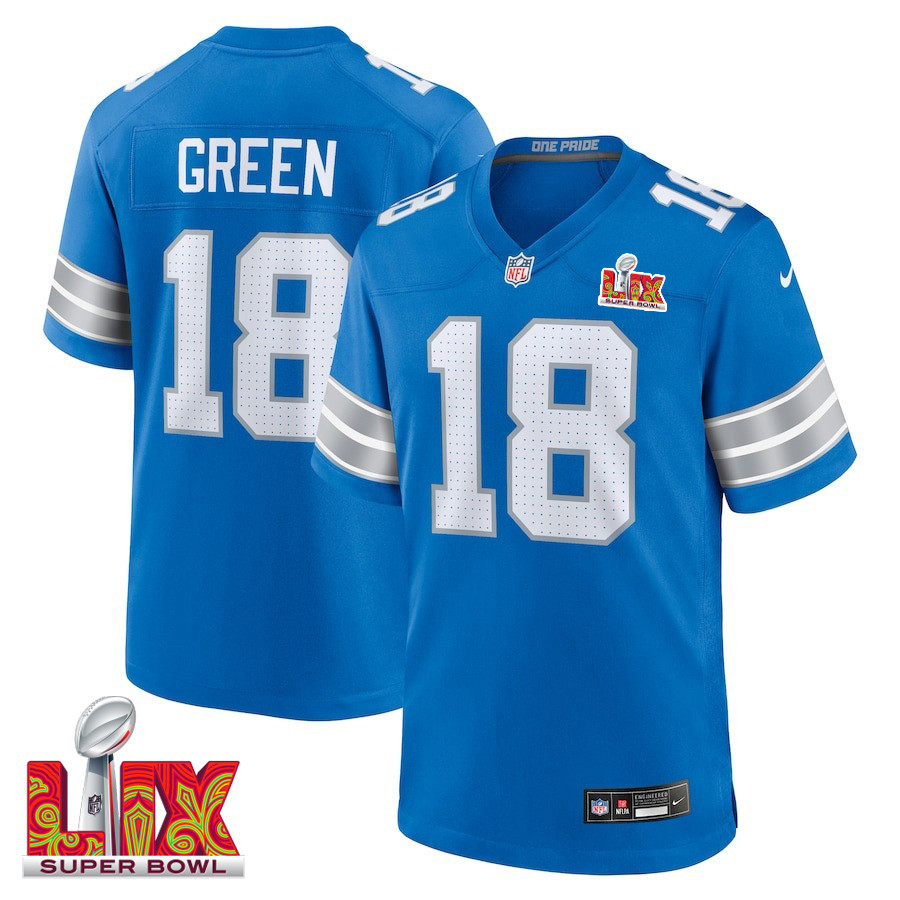 Antoine Green #18 Detroit Lions Super Bowl LIX Blue NFL Jersey Men's