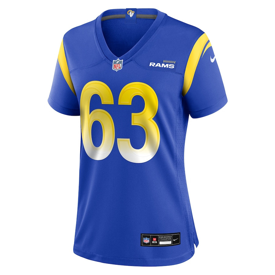 Dylan McMahon 63 Los Angeles Rams Team Game Royal NFL Jersey Women's