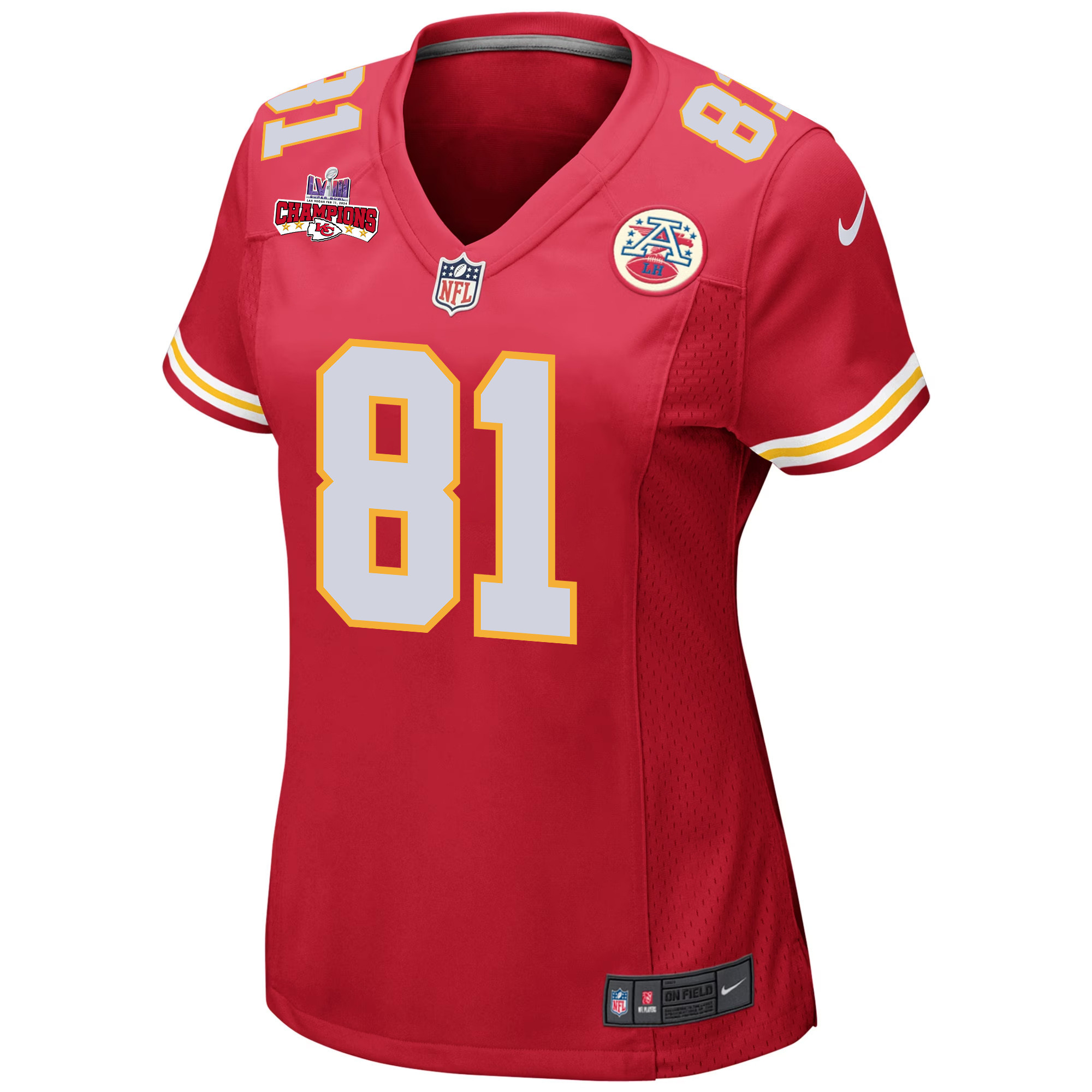 Blake Bell 81 Kansas City Chiefs Super Bowl LVIII Champions 4 Stars Patch Game Red NFL Jersey Women's