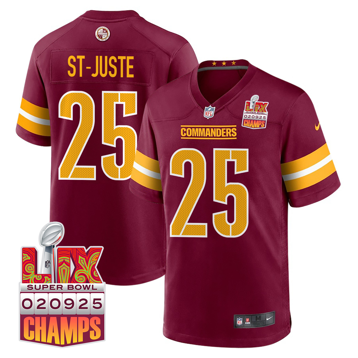 Benjamin St-Juste 25 Washington Commanders Super Bowl LIX Champions Patch Game Burgundy NFL Jersey Men's