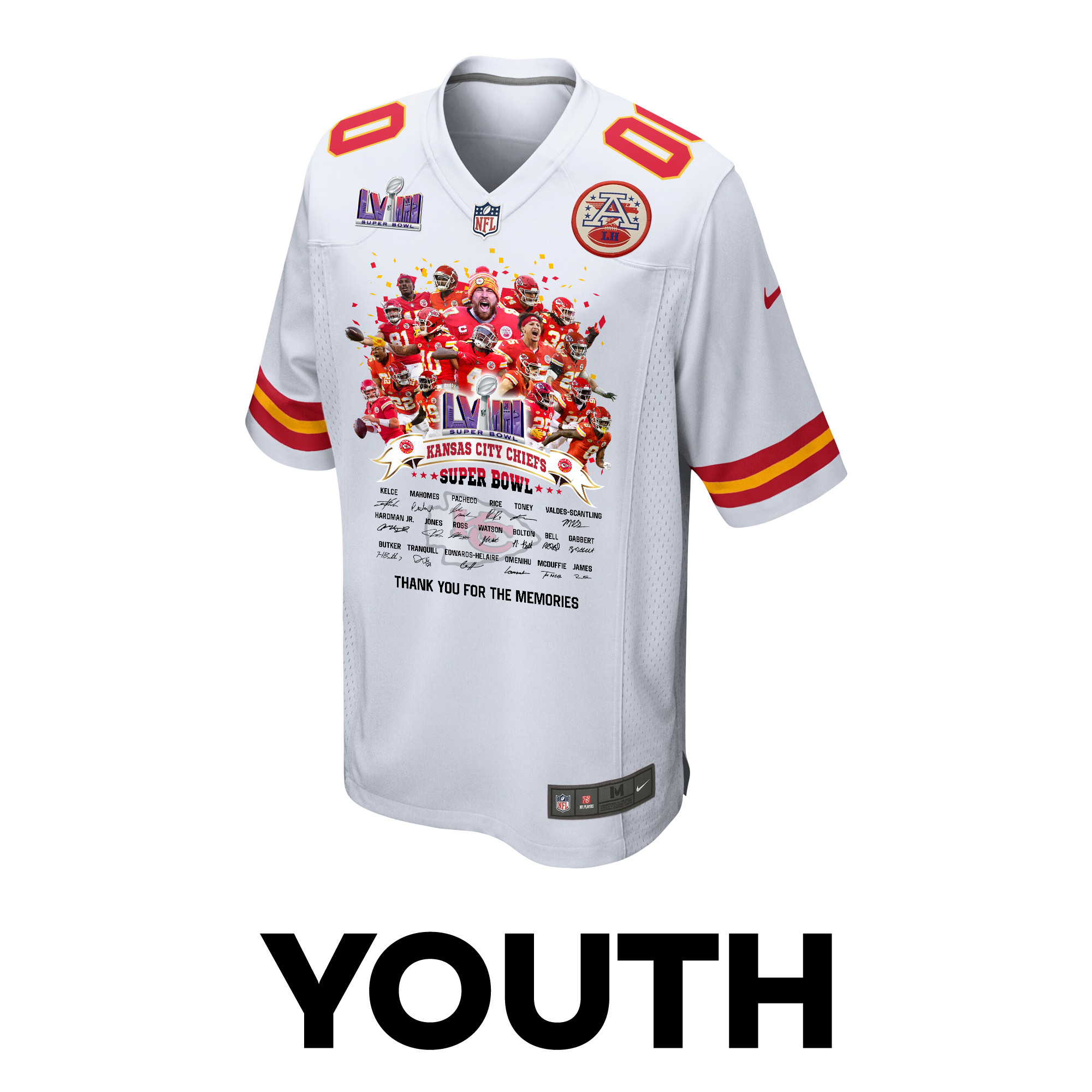 Kansas City Chiefs Super Bowl LVIII Thanks For Memories Game Custom White NFL Jersey Youth