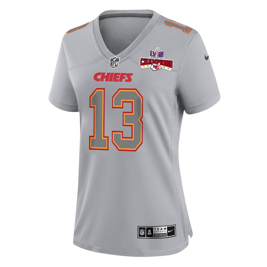 Nazeeh Johnson 13 Kansas City Chiefs Super Bowl LVIII Champions 4 Stars Patch Atmosphere Fashion Game Gray NFL Jersey Women's