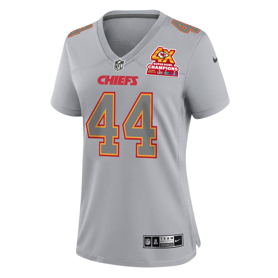Cam Jones 44 Kansas City Chiefs Super Bowl LVIII Champions 4X Atmosphere Fashion Game Gray NFL Jersey Women's