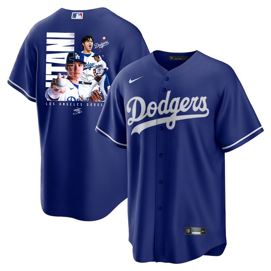 Shohei Ohtani 17 Los Angeles Dodgers Signed Name 2023 Alternate Royal MLB Jersey Men's