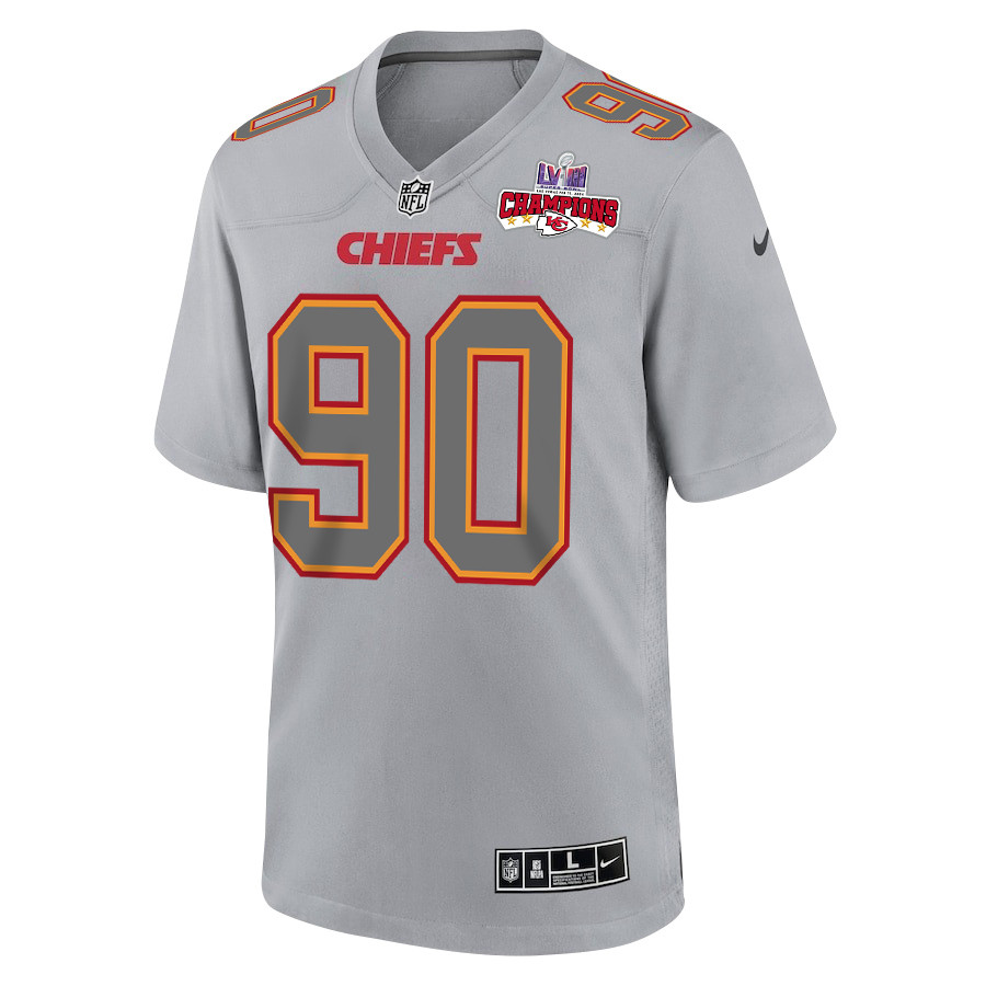 Charles Omenihu 90 Kansas City Chiefs Super Bowl LVIII Champions 4 Stars Patch Atmosphere Fashion Game Gray NFL Jersey Men's