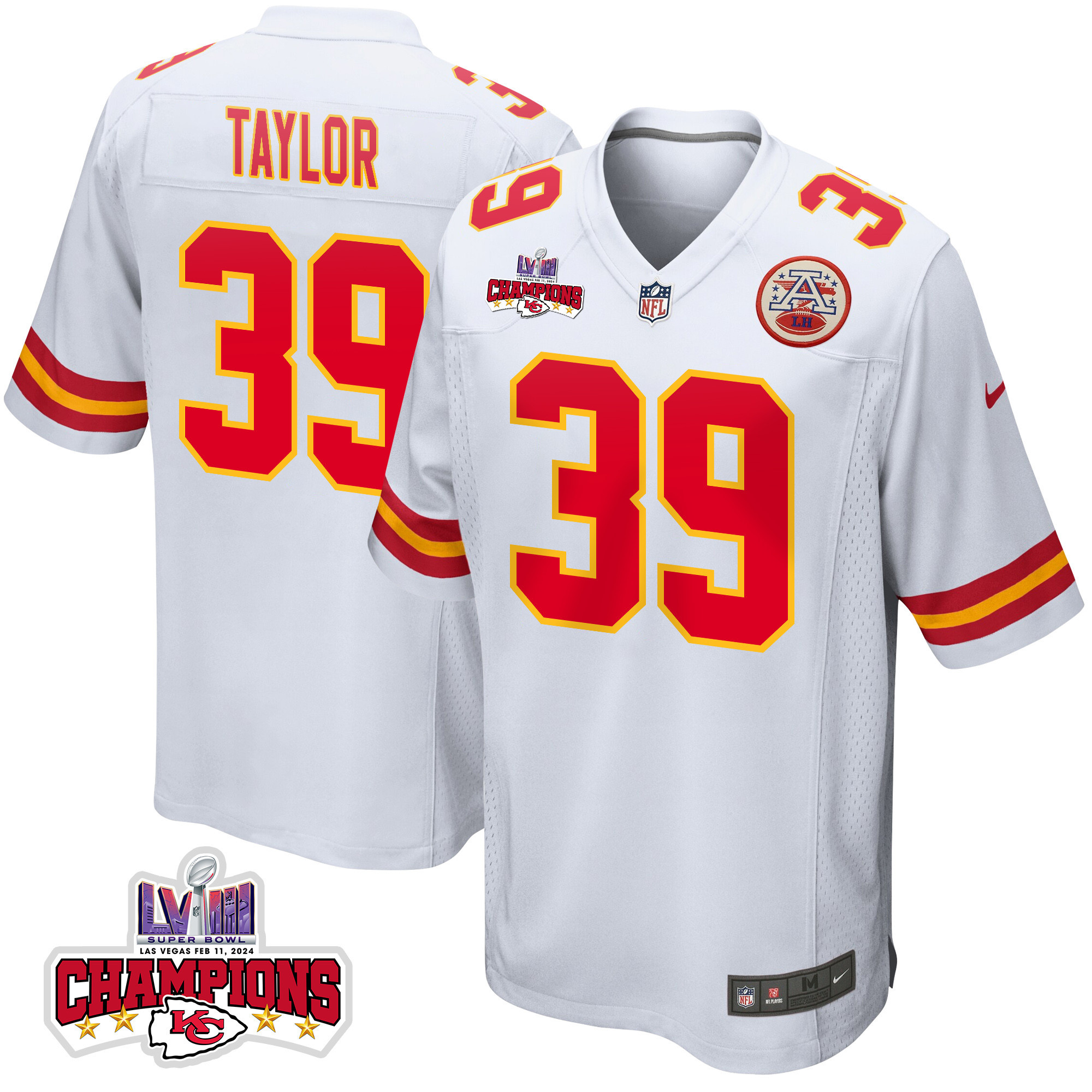 Keith Taylor 39 Kansas City Chiefs Super Bowl LVIII Champions 4 Stars Patch Game White NFL Jersey Men's