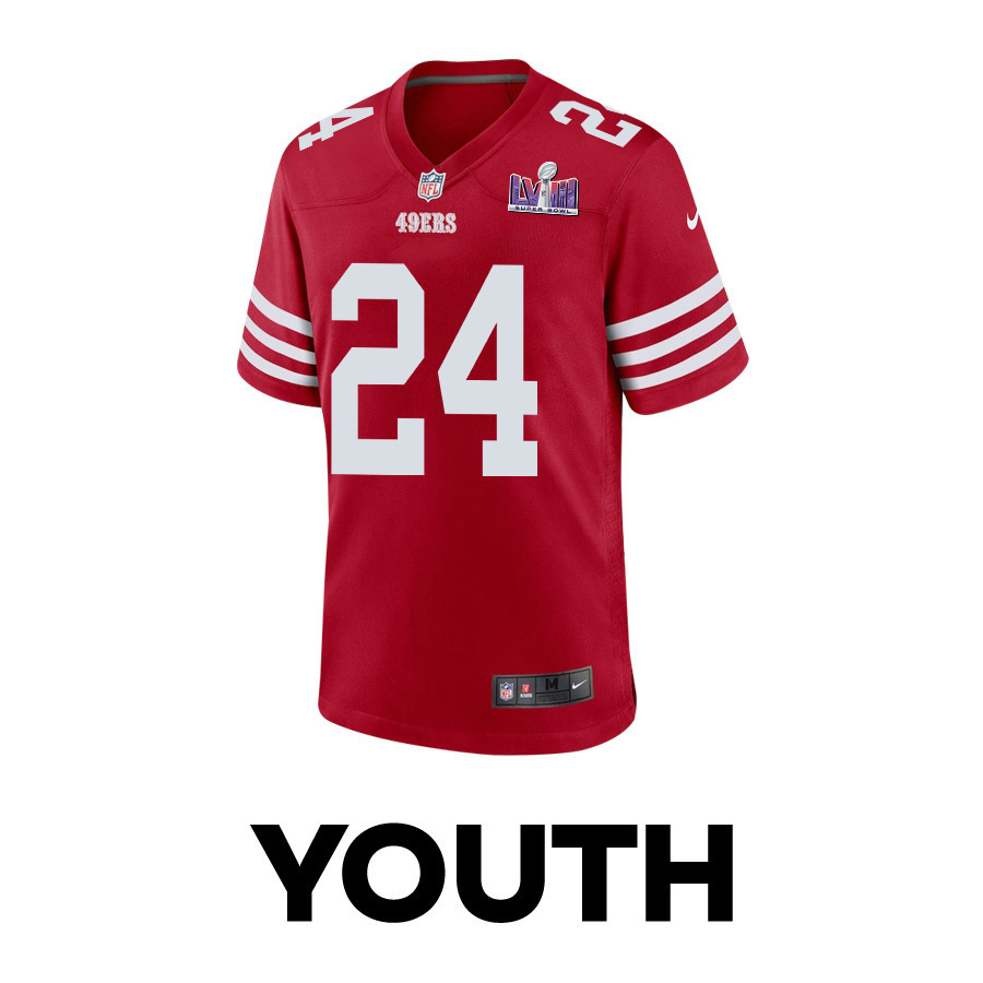 Jordan Mason 24 San Francisco 49ers Super Bowl LVIII Patch Game Scarlet NFL Jersey Youth