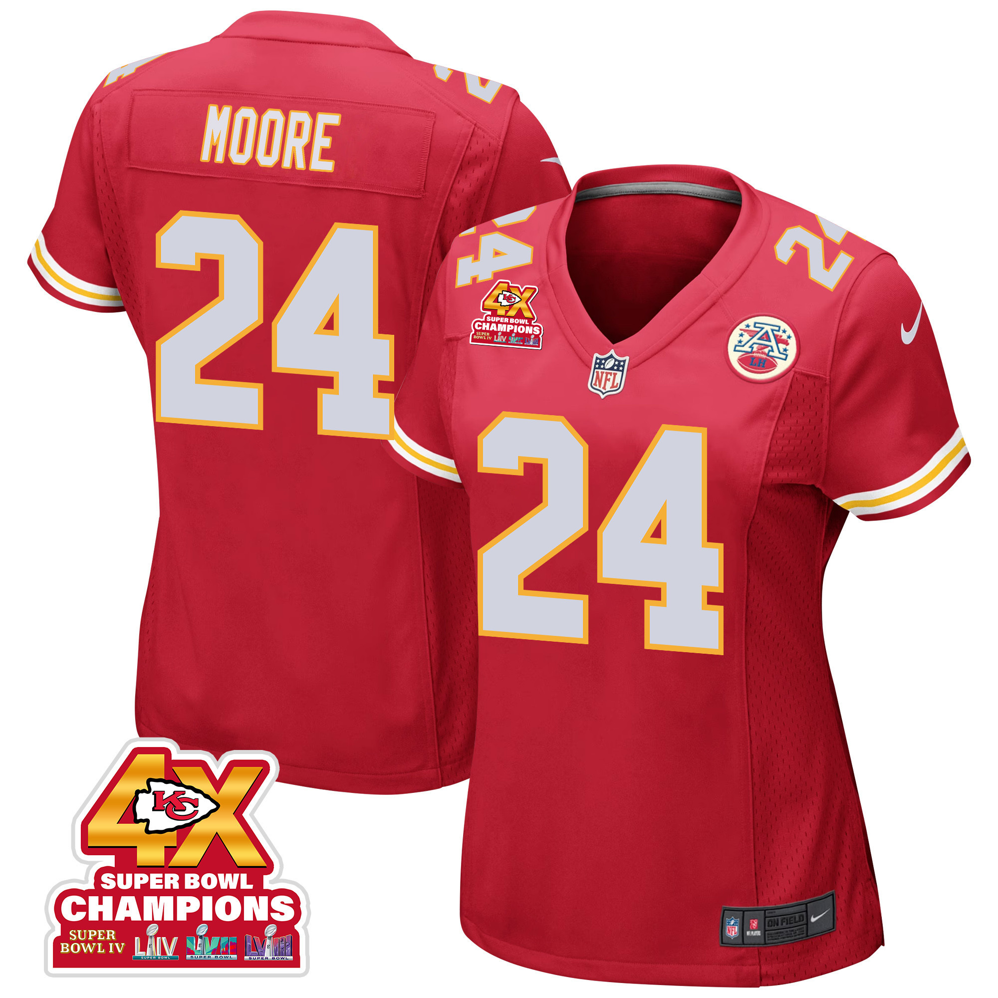 Skyy Moore 24 Kansas City Chiefs Super Bowl LVIII Champions 4X Game Red NFL Jersey Women's