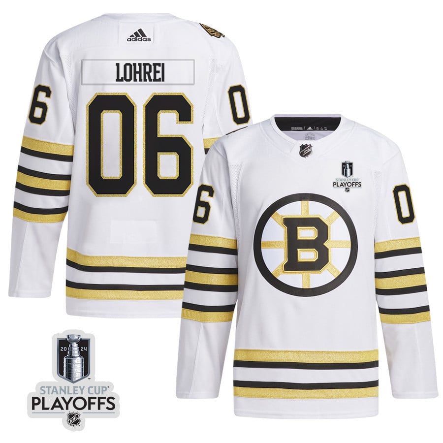 Mason Lohrei 6 Boston Bruins 2024 Playoffs Patch Away White NHL Jersey Men's