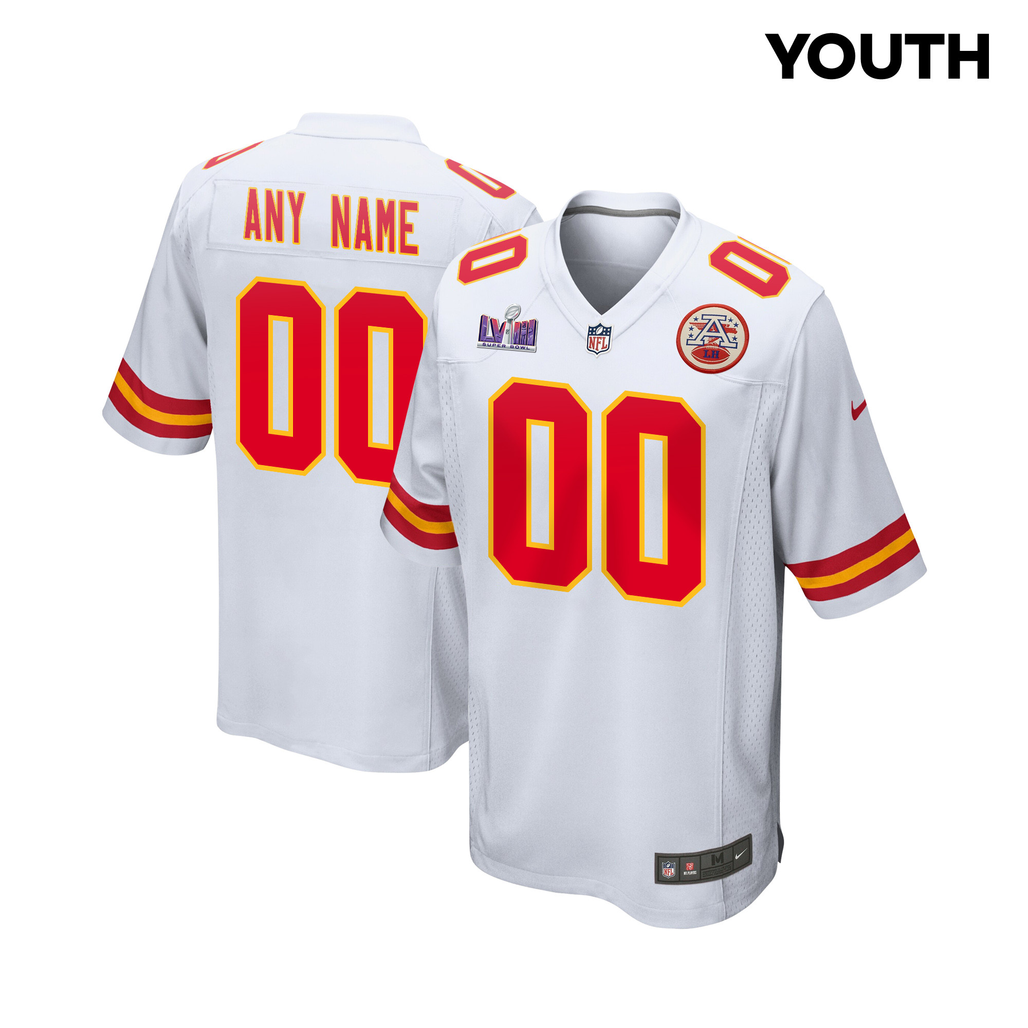 Kansas City Chiefs Super Bowl LVIII Patch Game Custom White NFL Jersey Youth