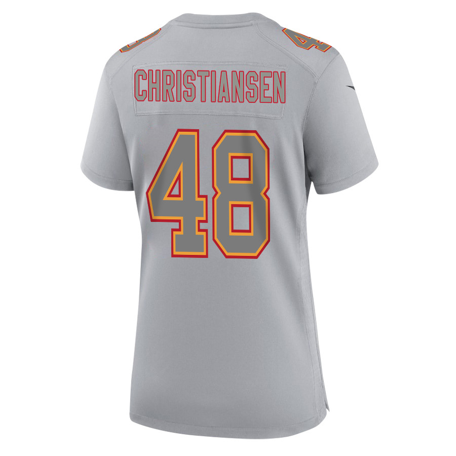 Cole Christiansen 48 Kansas City Chiefs Super Bowl LVIII Champions 4X Atmosphere Fashion Game Gray NFL Jersey Women's