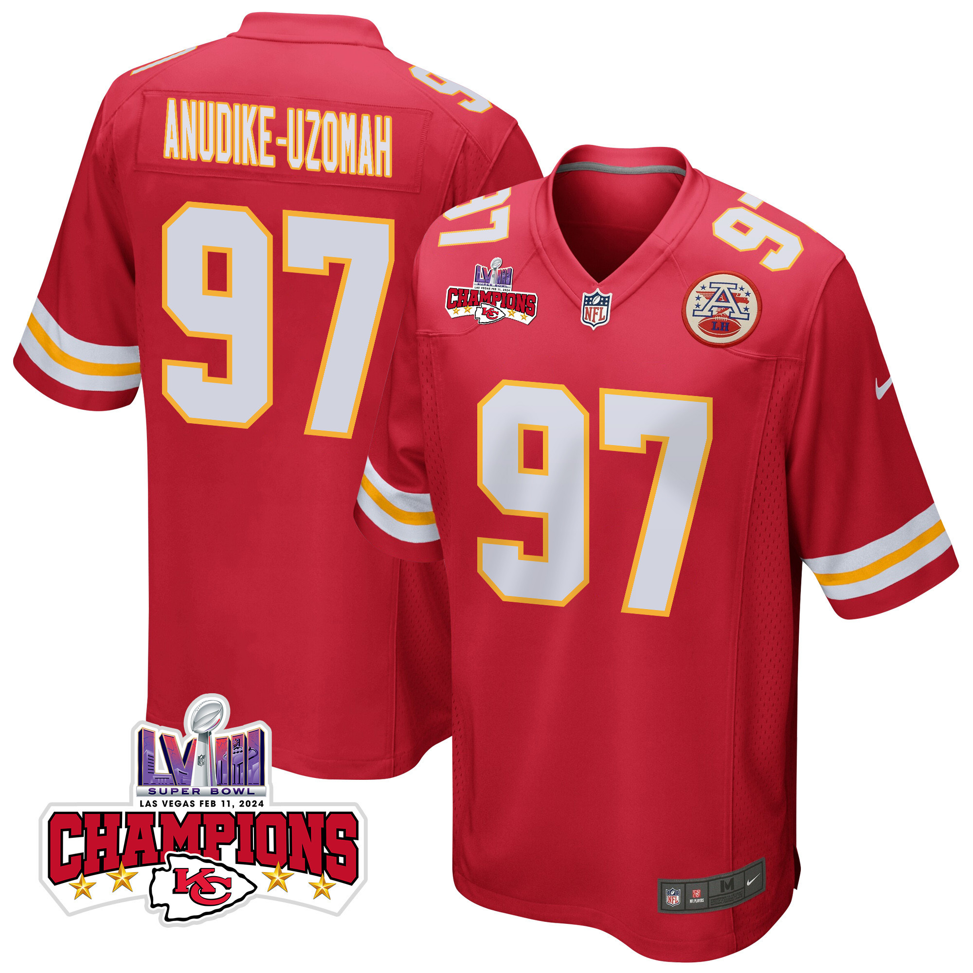 Felix Anudike-Uzomah 97 Kansas City Chiefs Super Bowl LVIII Champions 4 Stars Patch Game Red NFL Jersey Men's
