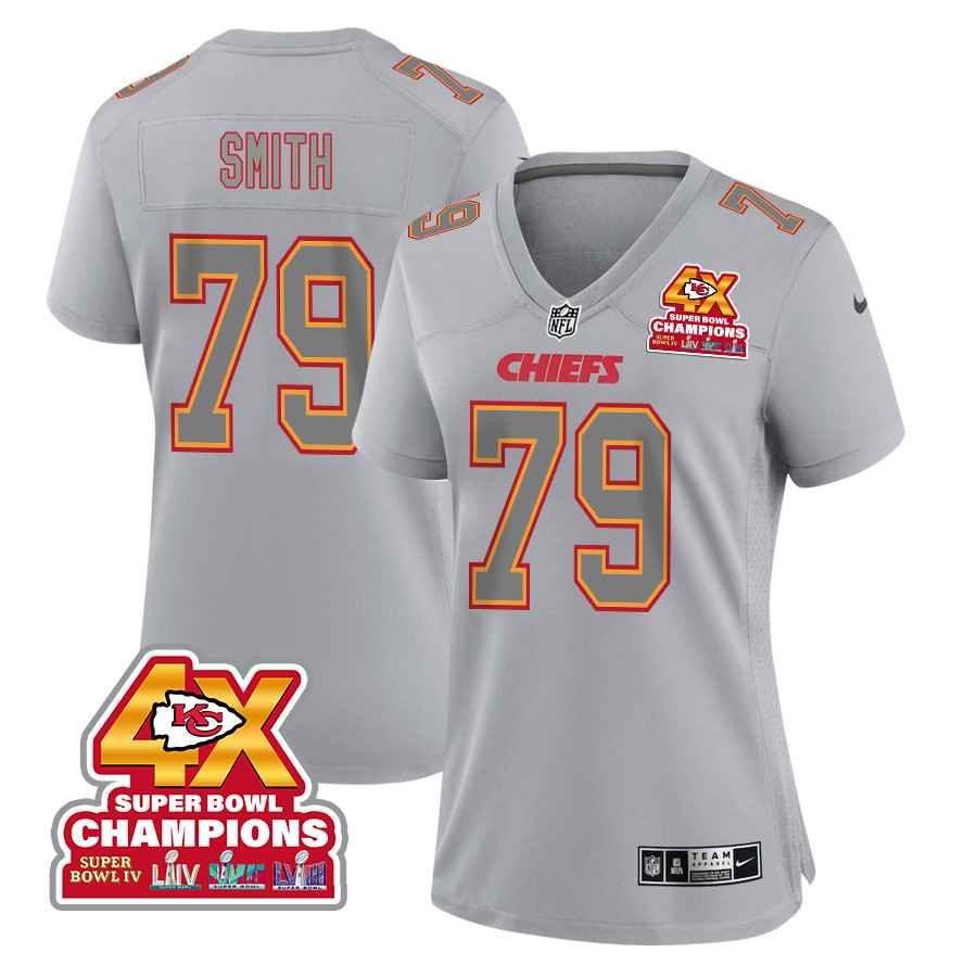 Donovan Smith 79 Kansas City Chiefs Super Bowl LVIII Champions 4X Atmosphere Fashion Game Gray NFL Jersey Women's