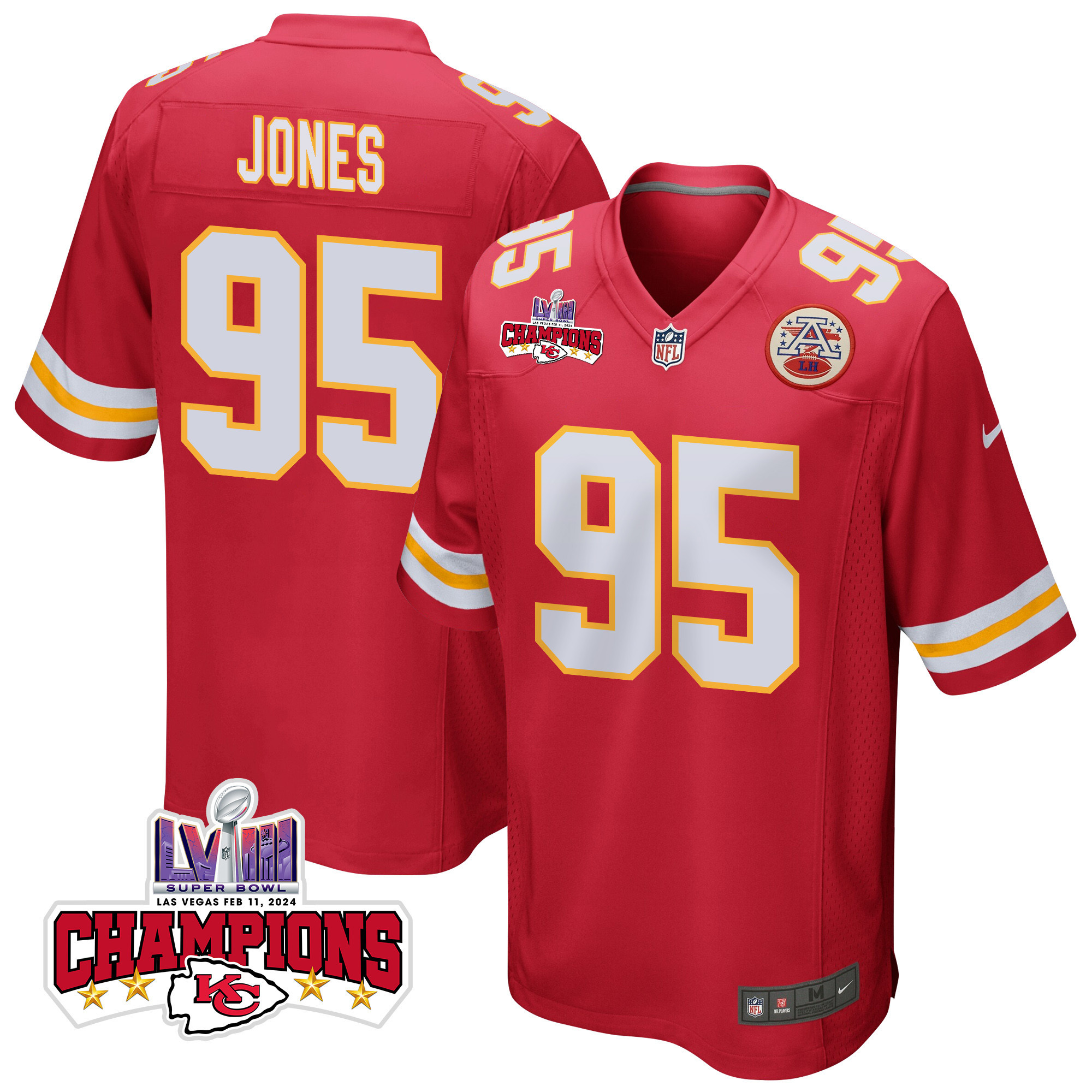 Chris Jones 95 Kansas City Chiefs Super Bowl LVIII Champions 4 Stars Patch Game Red NFL Jersey Men's
