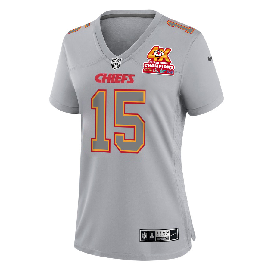 Patrick Mahomes 15 Kansas City Chiefs Super Bowl LVIII Champions 4X Atmosphere Fashion Game Gray NFL Jersey Women's