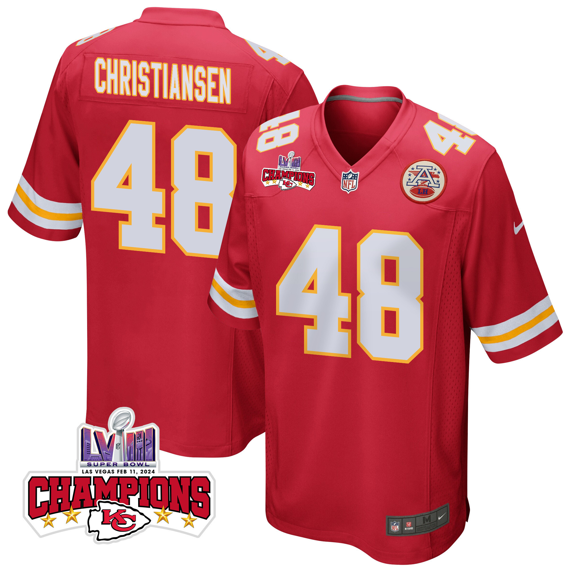 Cole Christiansen 48 Kansas City Chiefs Super Bowl LVIII Champions 4 Stars Patch Game Red NFL Jersey Men's