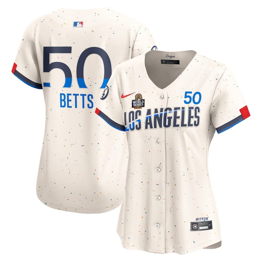 Mookie Betts 50 Los Angeles Dodgers 2024 World Series Champions City Connect Limited Player Cream MLB Jersey Women's
