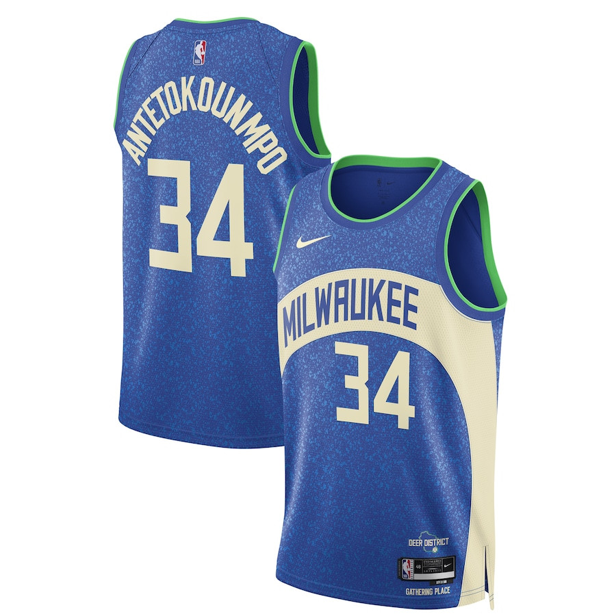 Giannis Antetokounmpo 34 Milwaukee Bucks 2023/24 Swingman City Editio Unisex Blue NBA Jersey Unisex