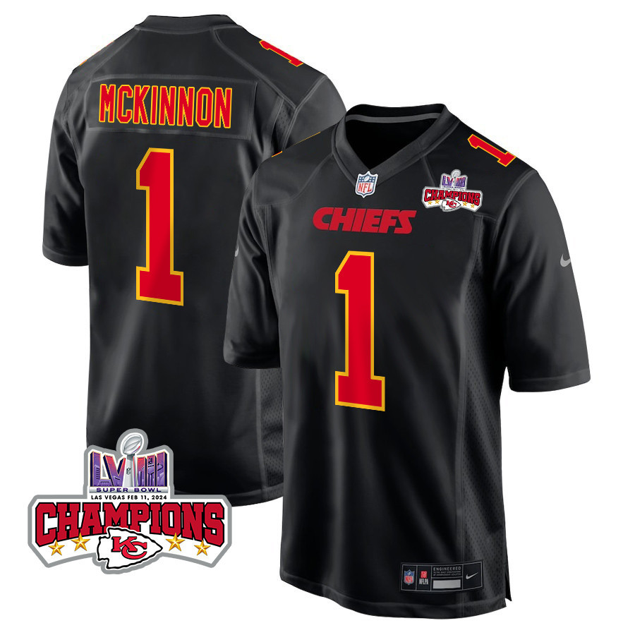 Jerick McKinnon 1 Kansas City Chiefs Super Bowl LVIII Champions 4 Stars Patch Fashion Game Carbon Black NFL Jersey Men's