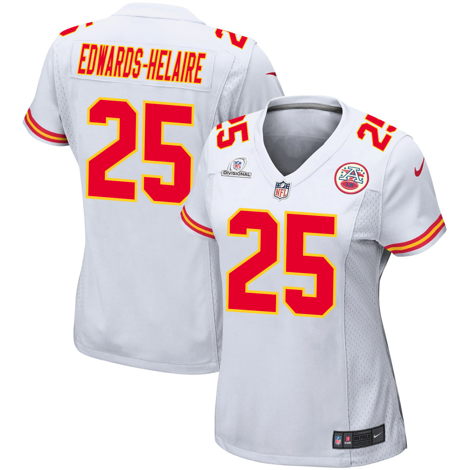 Clyde Edwards-Helaire 25 Kansas City Chiefs Super Bowl LVIII Patch Game White NFL Jersey Women's
