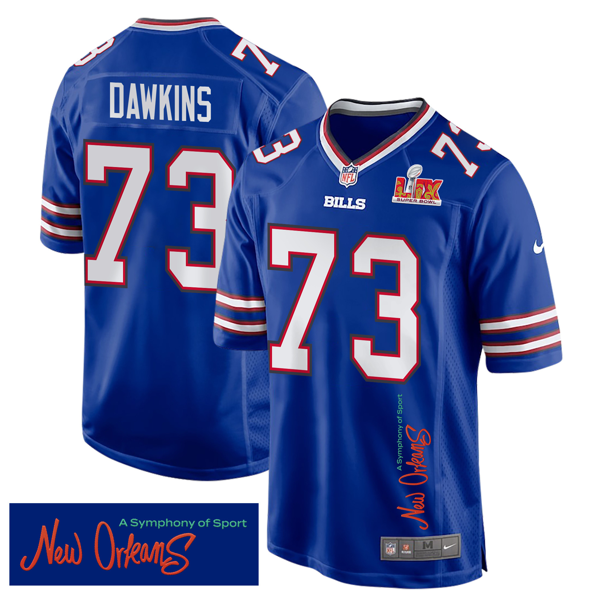 Dion Dawkins 73 Buffalo Bills Super Bowl LIX New Orleans A Symphony of Sport' EMBROIDERED Game Royal NFL Jersey Men's