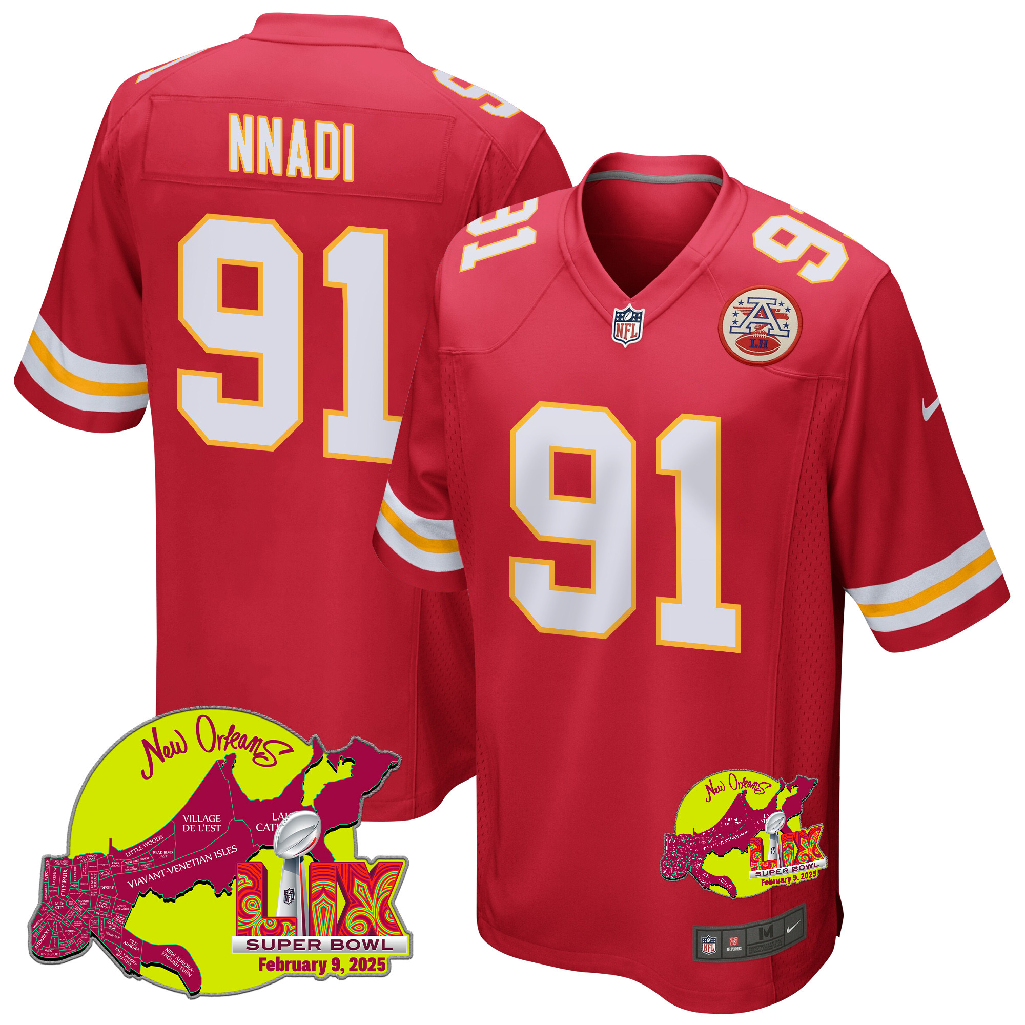 Derrick Nnadi 91 Kansas City Chiefs Super Bowl LIX New Orleans Patch Game Red NFL Jersey Men's