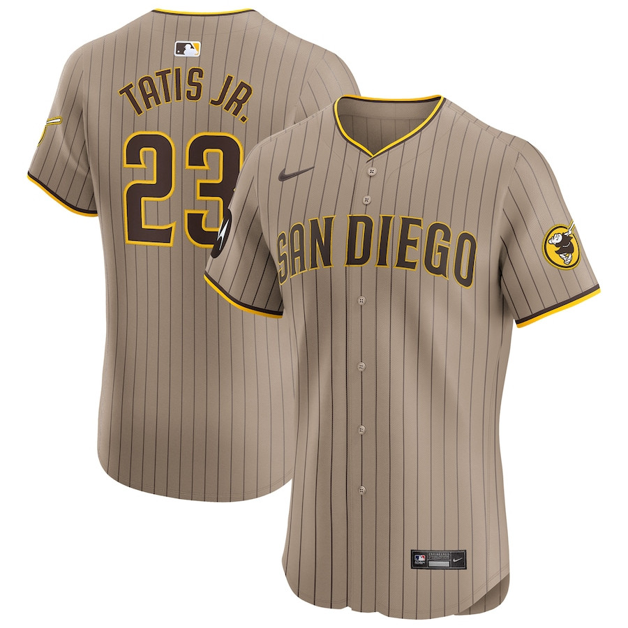 Fernando Tatis Jr. 23 San Diego Padres Alternate Elite Sponsor Patch Player Tan MLB Jersey Men's