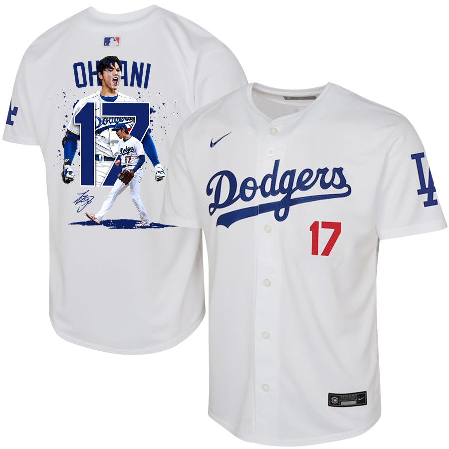 Shohei Ohtani 17 Los Angeles Dodgers Signed Number 2023 Home White MLB Jersey Youth