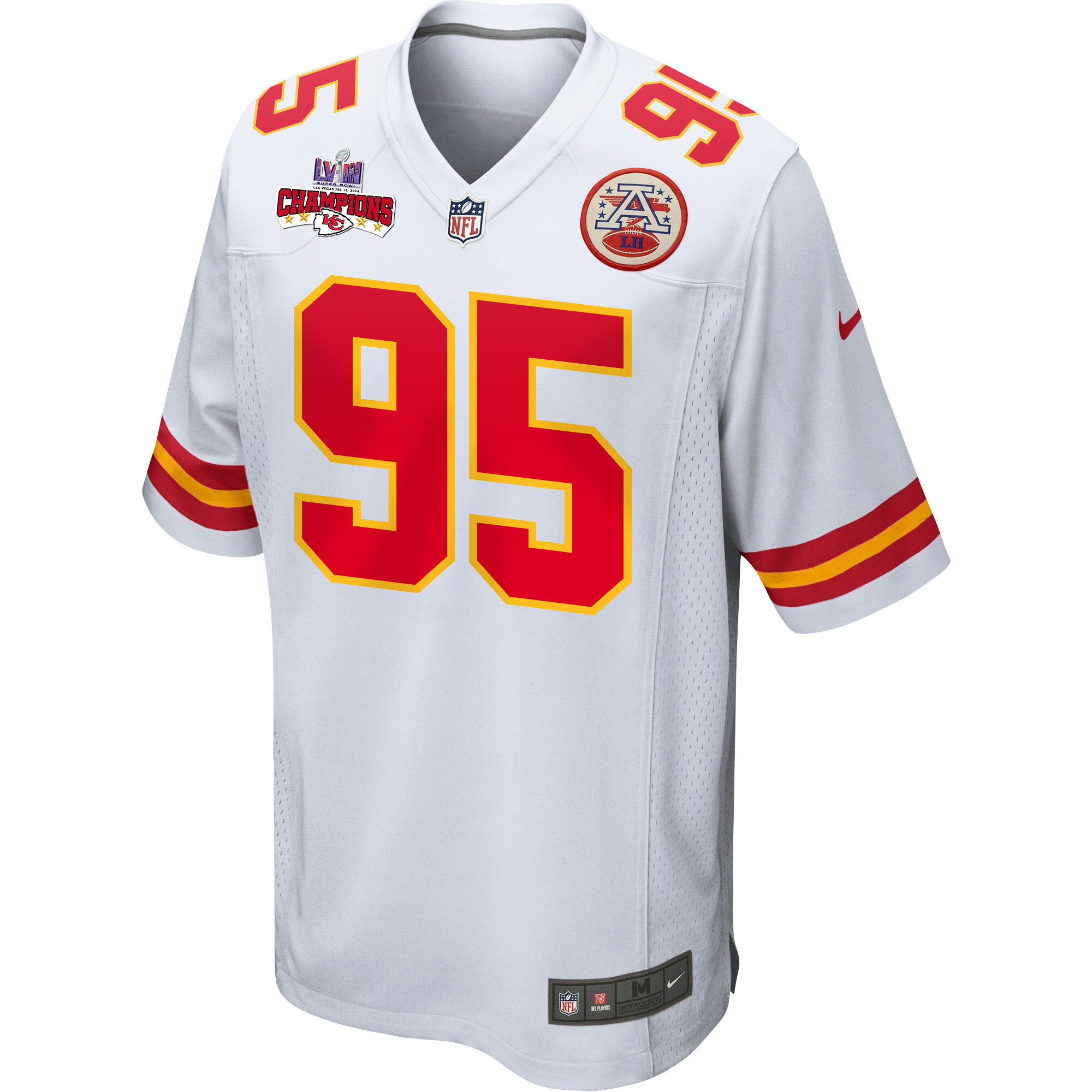 Chris Jones 95 Kansas City Chiefs Super Bowl LVIII Champions 4 Stars Patch Game White NFL Jersey Men's