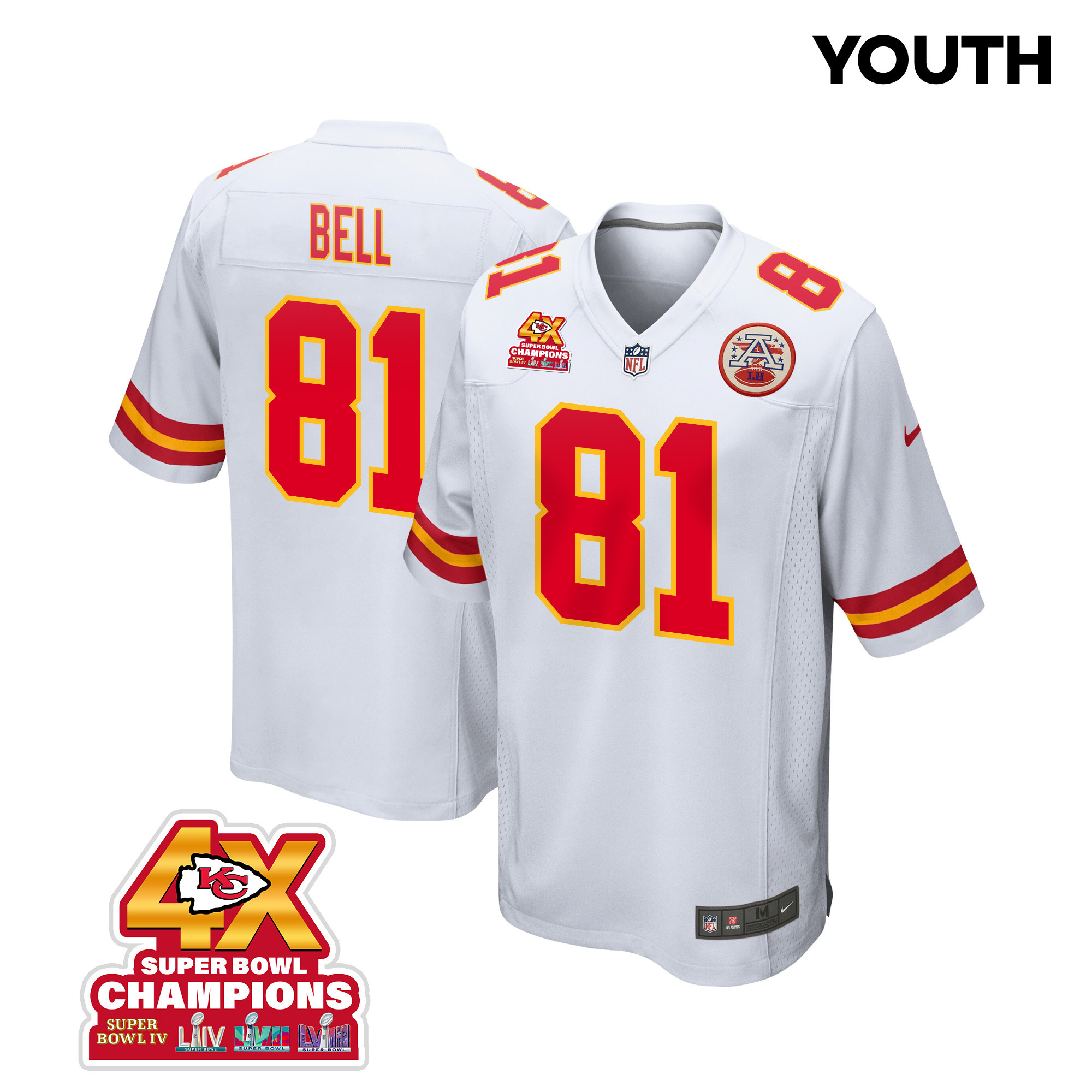 Blake Bell 81 Kansas City Chiefs Super Bowl LVIII Champions 4X Game White NFL Jersey Youth