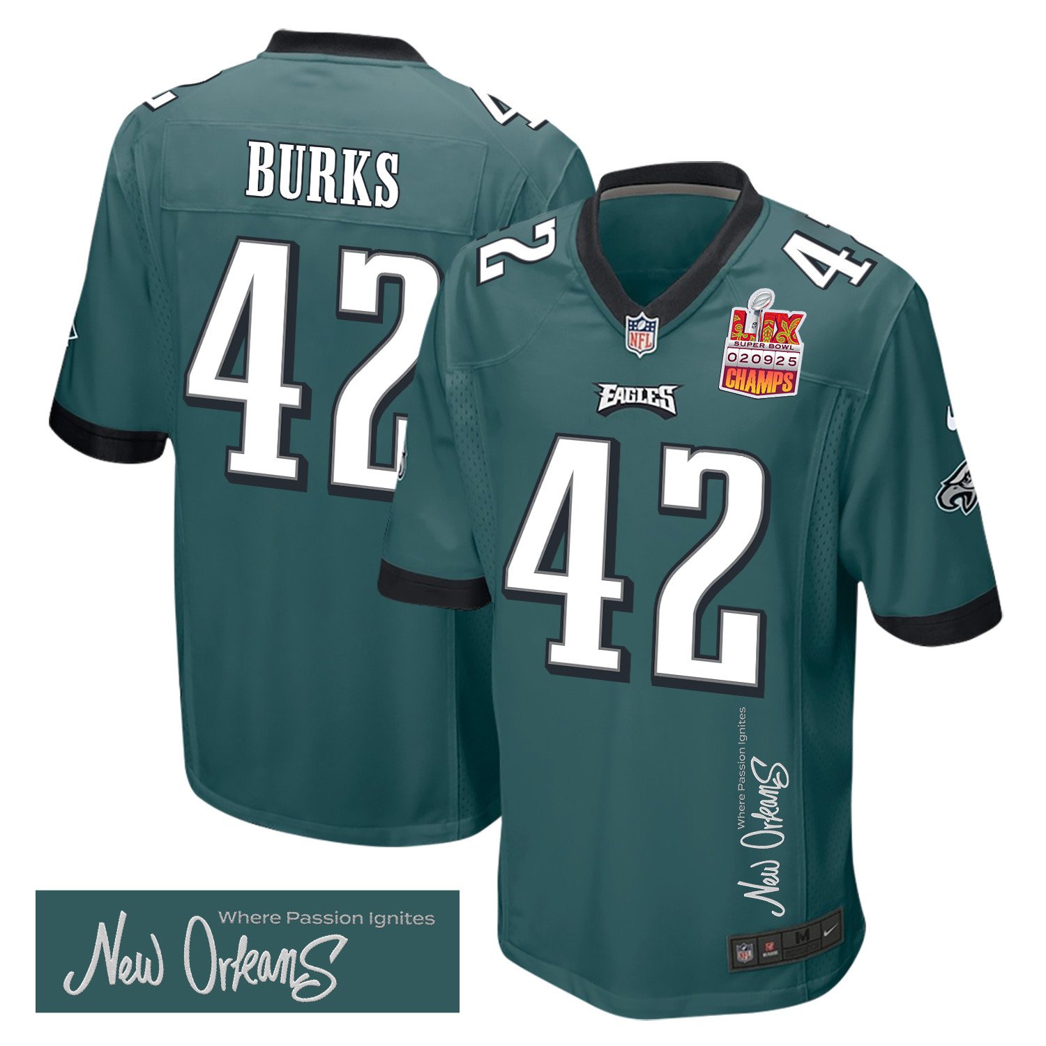 Oren Burks 42 Philadelphia Eagles Super Bowl LIX Champions Patch New Orleans Where Passion Ignites' EMBROIDERED Game Midnight Green NFL Jersey Men's