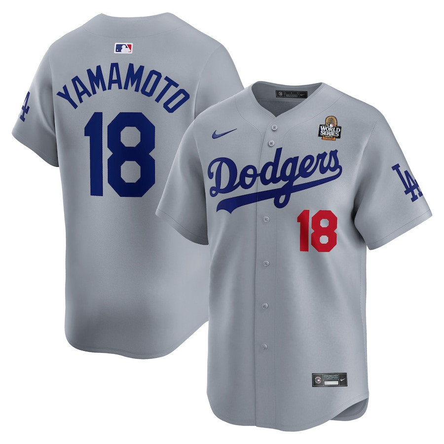 Yoshinobu Yamamoto 18 Los Angeles Dodgers 2024 World Series Alternate Limited Player Gray MLB Jersey Men's