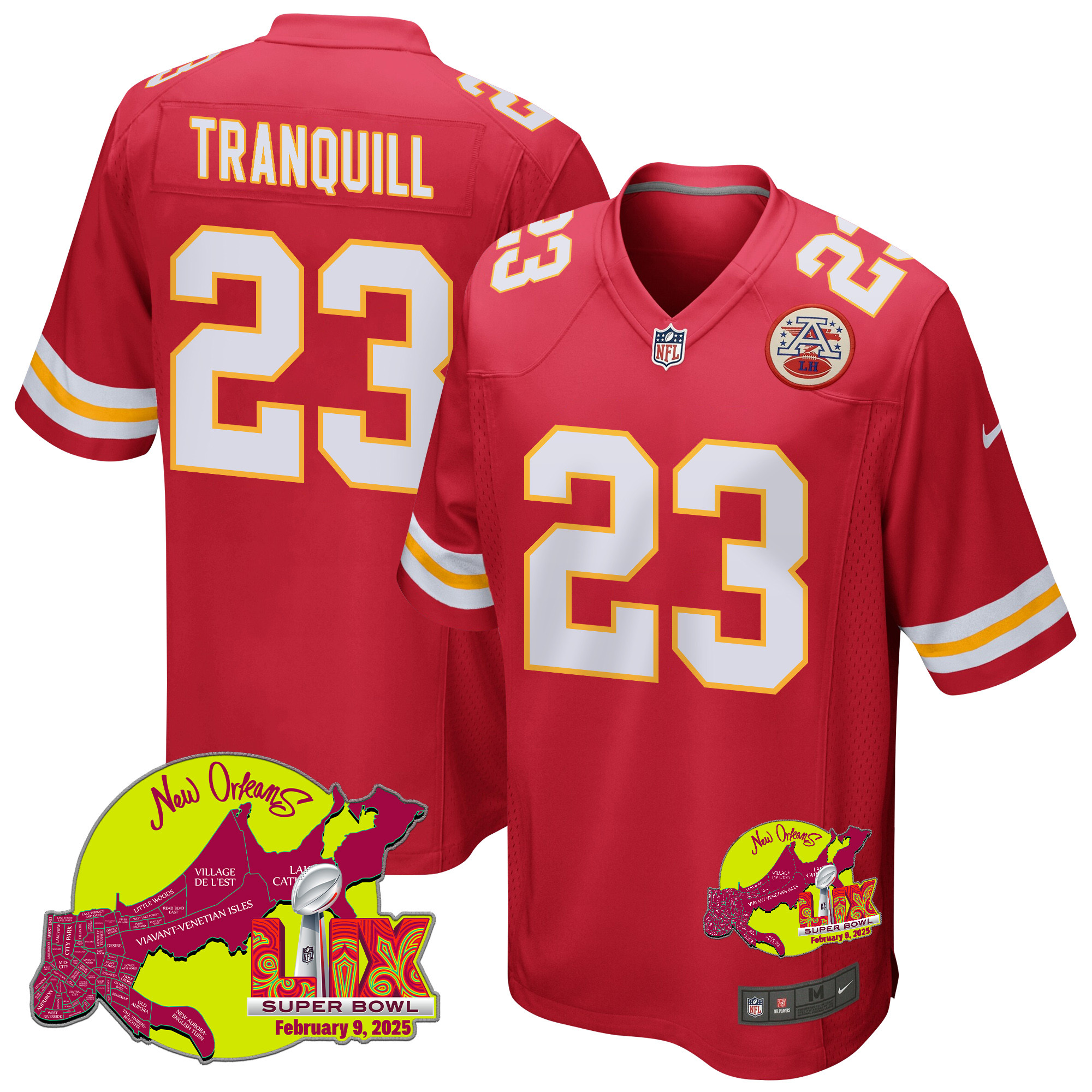 Drue Tranquill 23 Kansas City Chiefs Super Bowl LIX New Orleans Patch Game Red NFL Jersey Men's