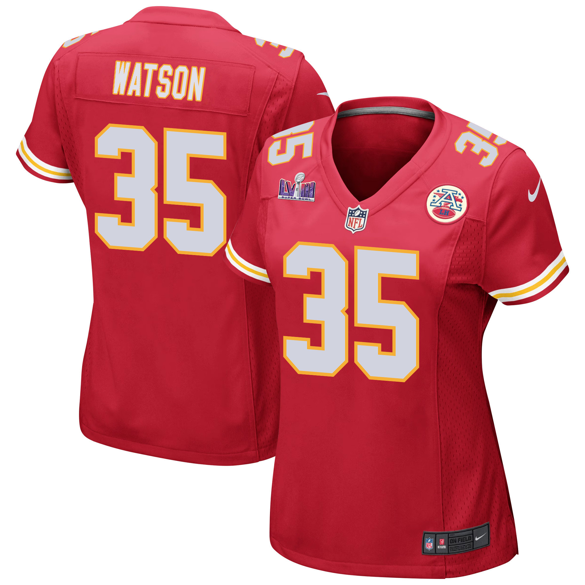 Jaylen Watson 35 Kansas City Chiefs Super Bowl LVIII Patch Game Red NFL Jersey Women's