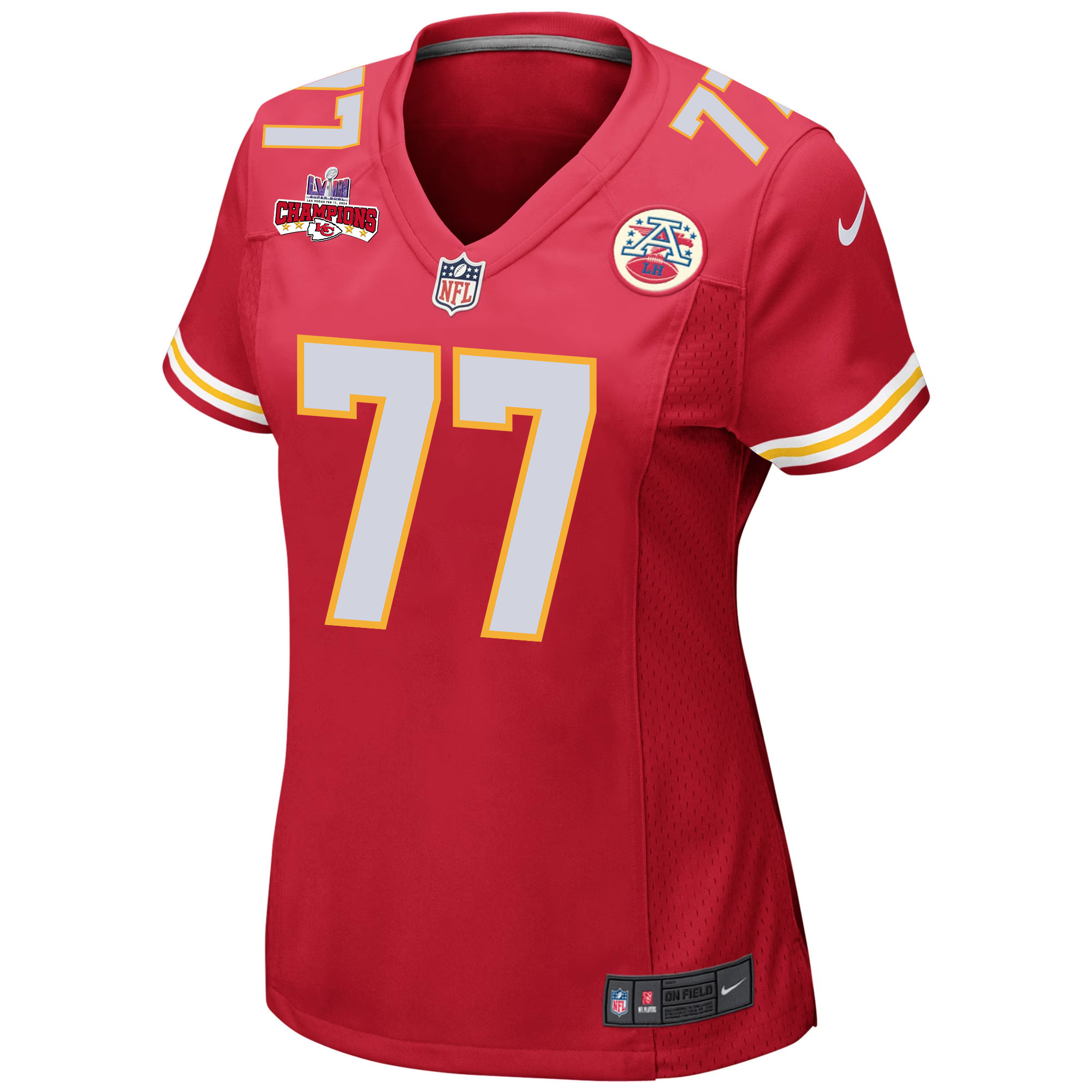 Lucas Niang 77 Kansas City Chiefs Super Bowl LVIII Champions 4 Stars Patch Game Red NFL Jersey Women's