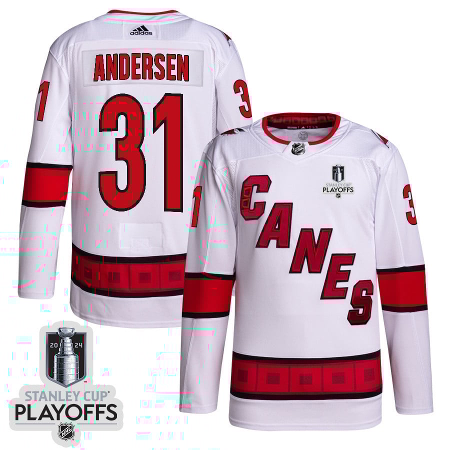 Frederik Andersen 31 Carolina Hurricanes 2024 Playoffs Patch Away White NHL Jersey Men's