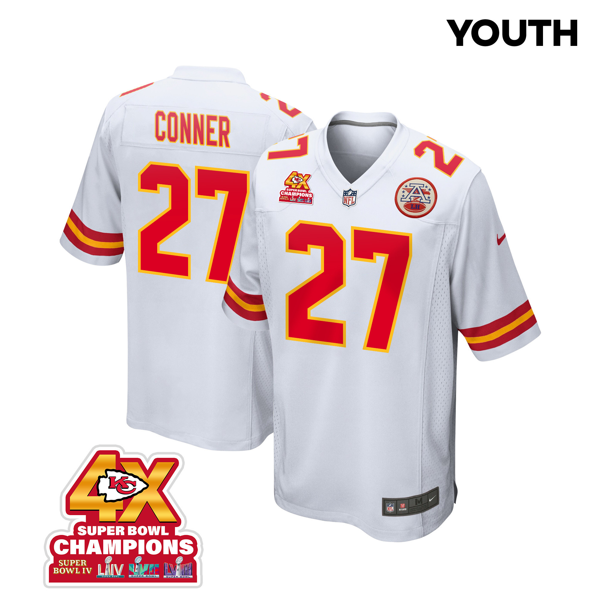 Chamarri Conner 27 Kansas City Chiefs Super Bowl LVIII Champions 4X Game White NFL Jersey Youth