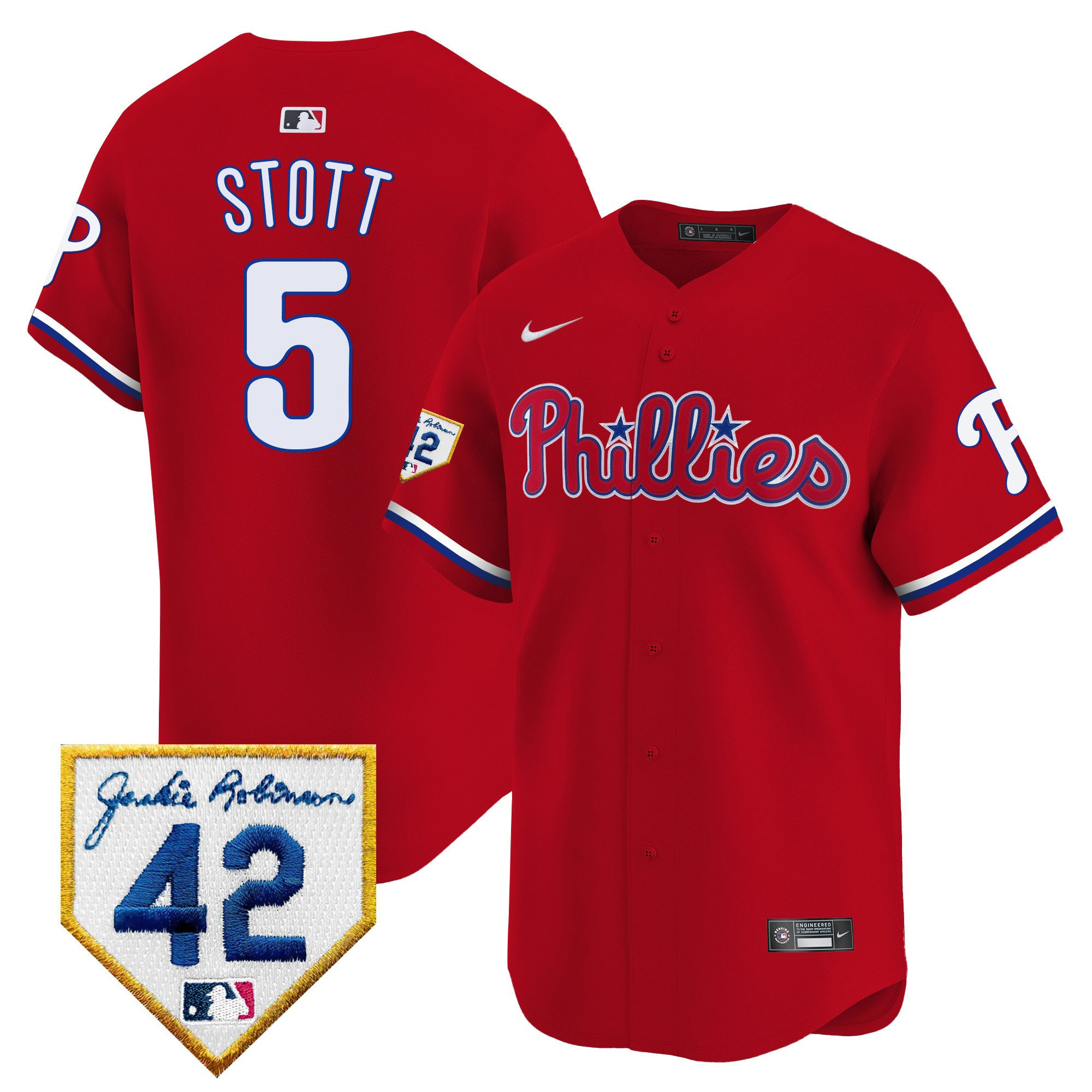 Bryson Stott 5 Philadelphia Phillies 2024 Jackie Robinson Patch Red MLB Jersey Men's