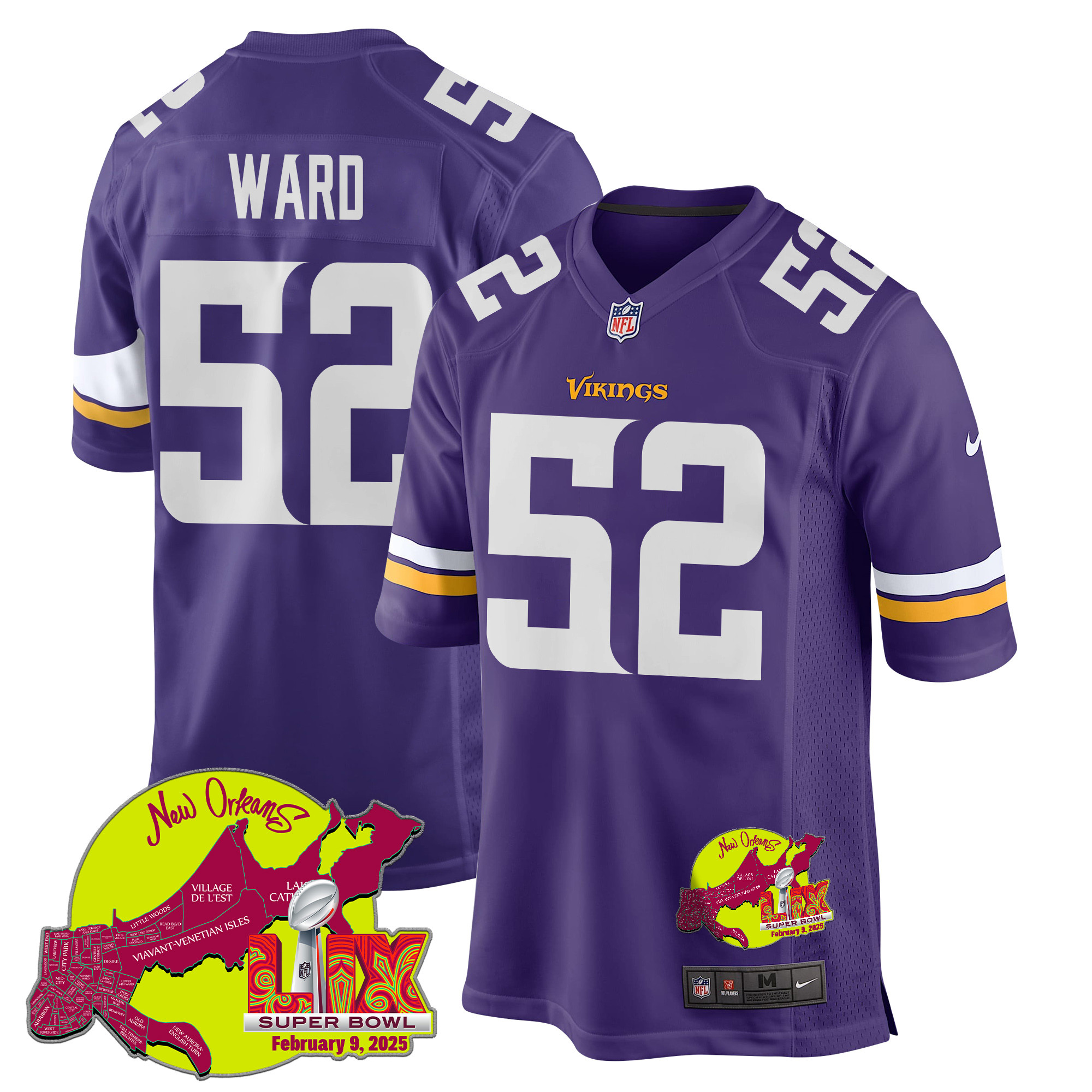Jihad Ward 52 Minnesota Vikings Super Bowl LIX New Orleans Patch Game Purple NFL Jersey Men's