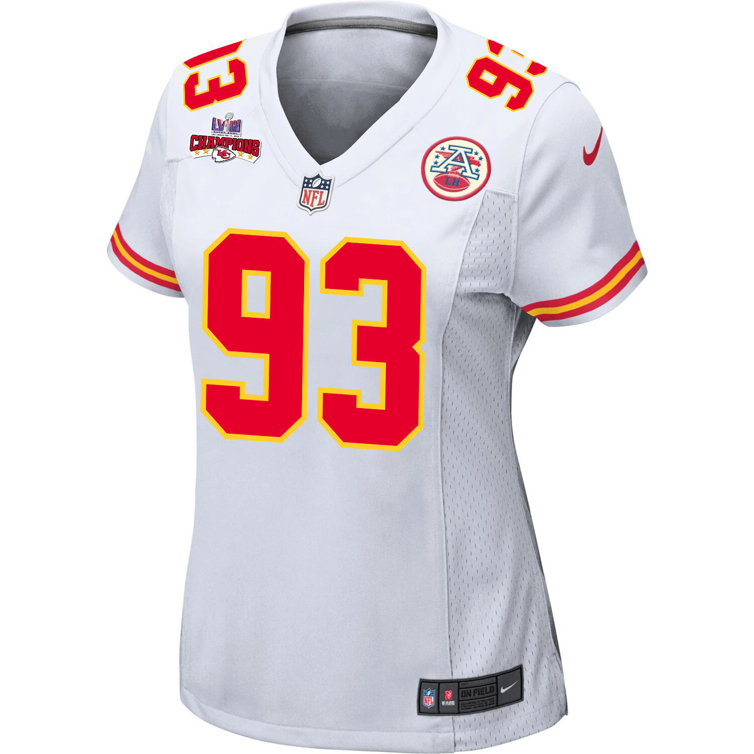 Matt Dickerson 93 Kansas City Chiefs Super Bowl LVIII Champions 4 Stars Patch Game White NFL Jersey Women's