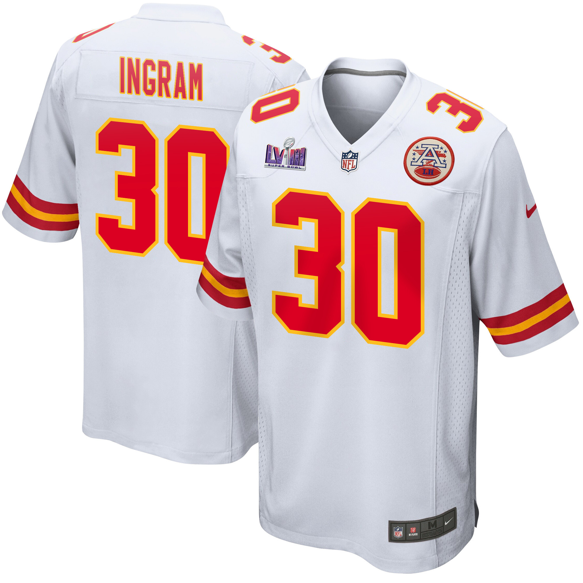 Keaontay Ingram 30 Kansas City Chiefs Super Bowl LVIII Patch Game White NFL Jersey Men's