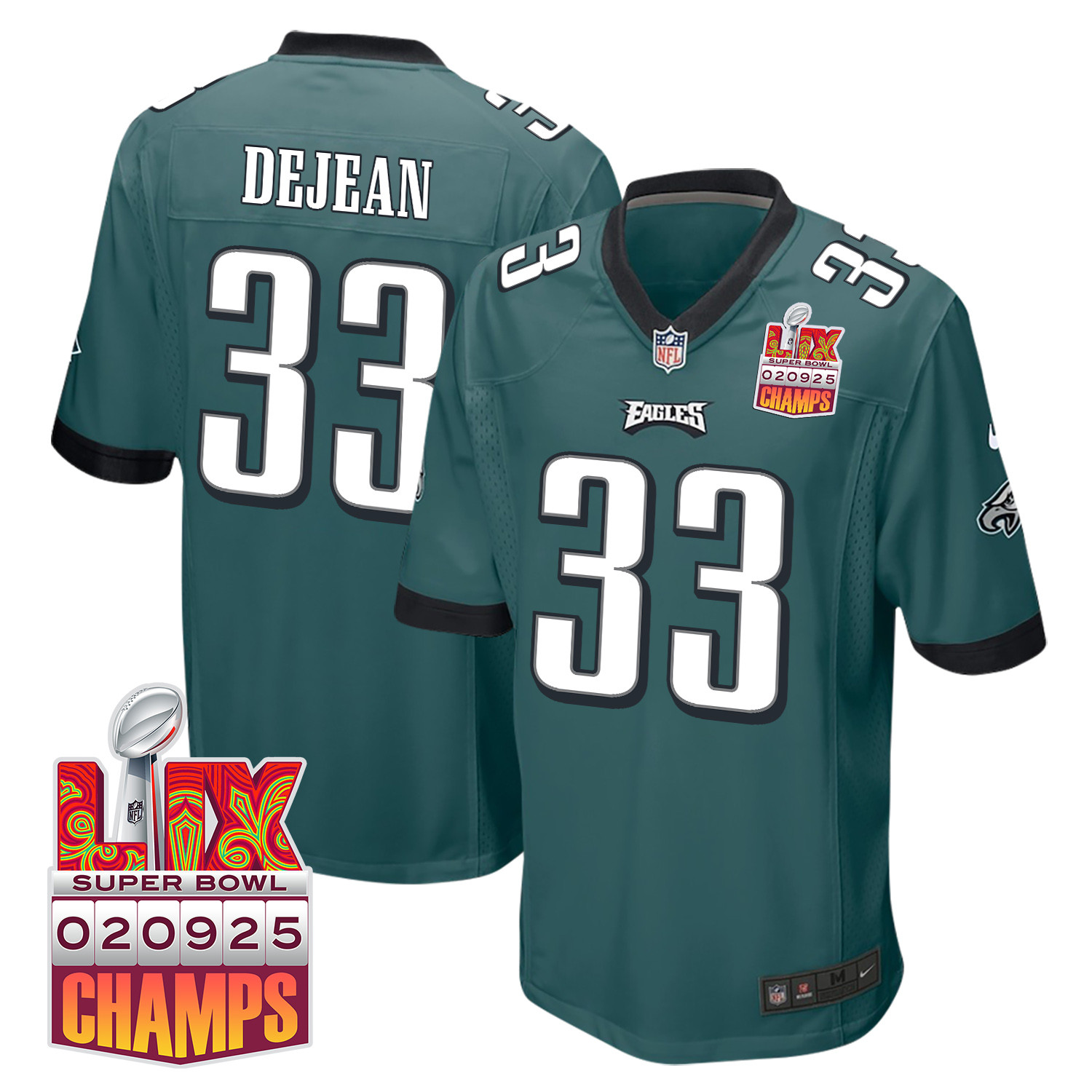 Cooper DeJean 33 Philadelphia Eagles Super Bowl LIX Champions Patch Game Midnight Green NFL Jersey Men's