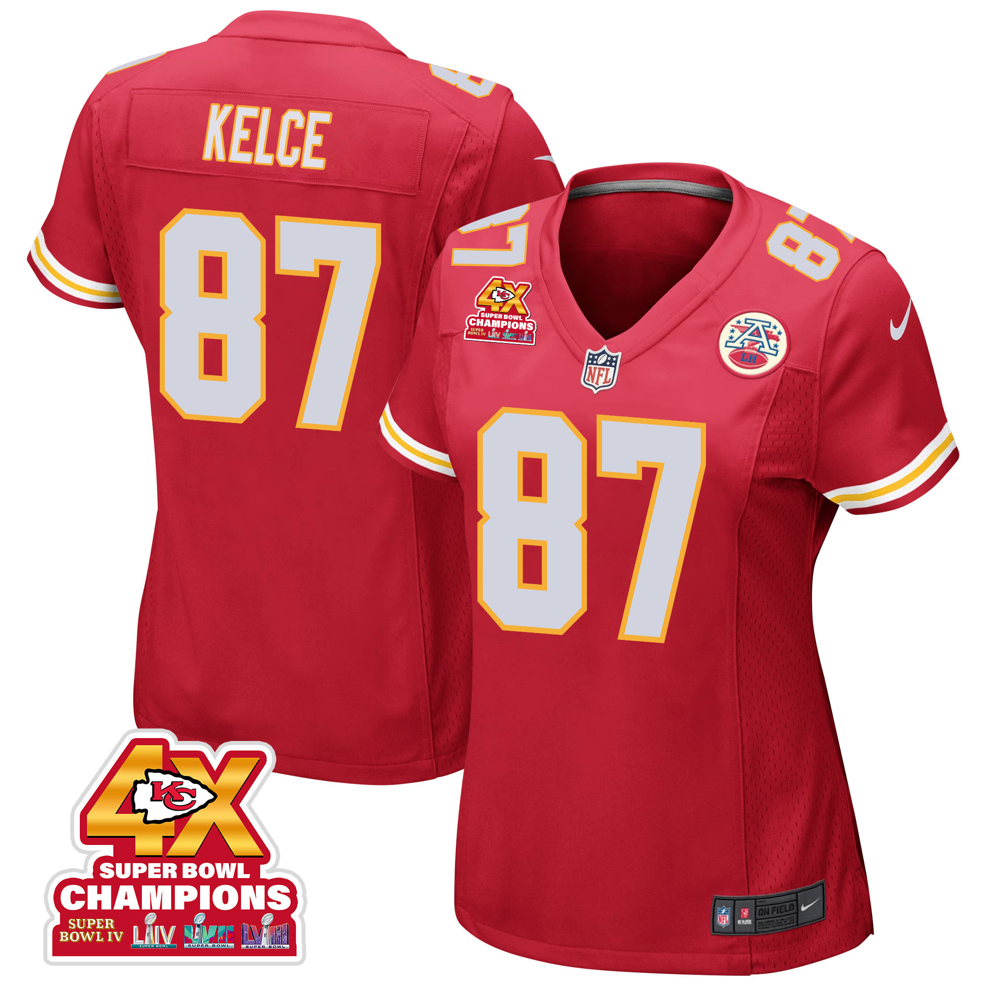 Travis Kelce 87 Kansas City Chiefs Super Bowl LVIII Champions 4X Game Red NFL Jersey Women's
