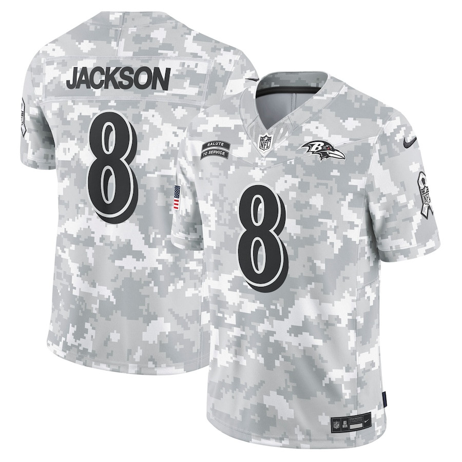 Lamar Jackson 8 Baltimore Ravens 2024 Salute to Service Limited Arctic Camo NFL Jersey Men's