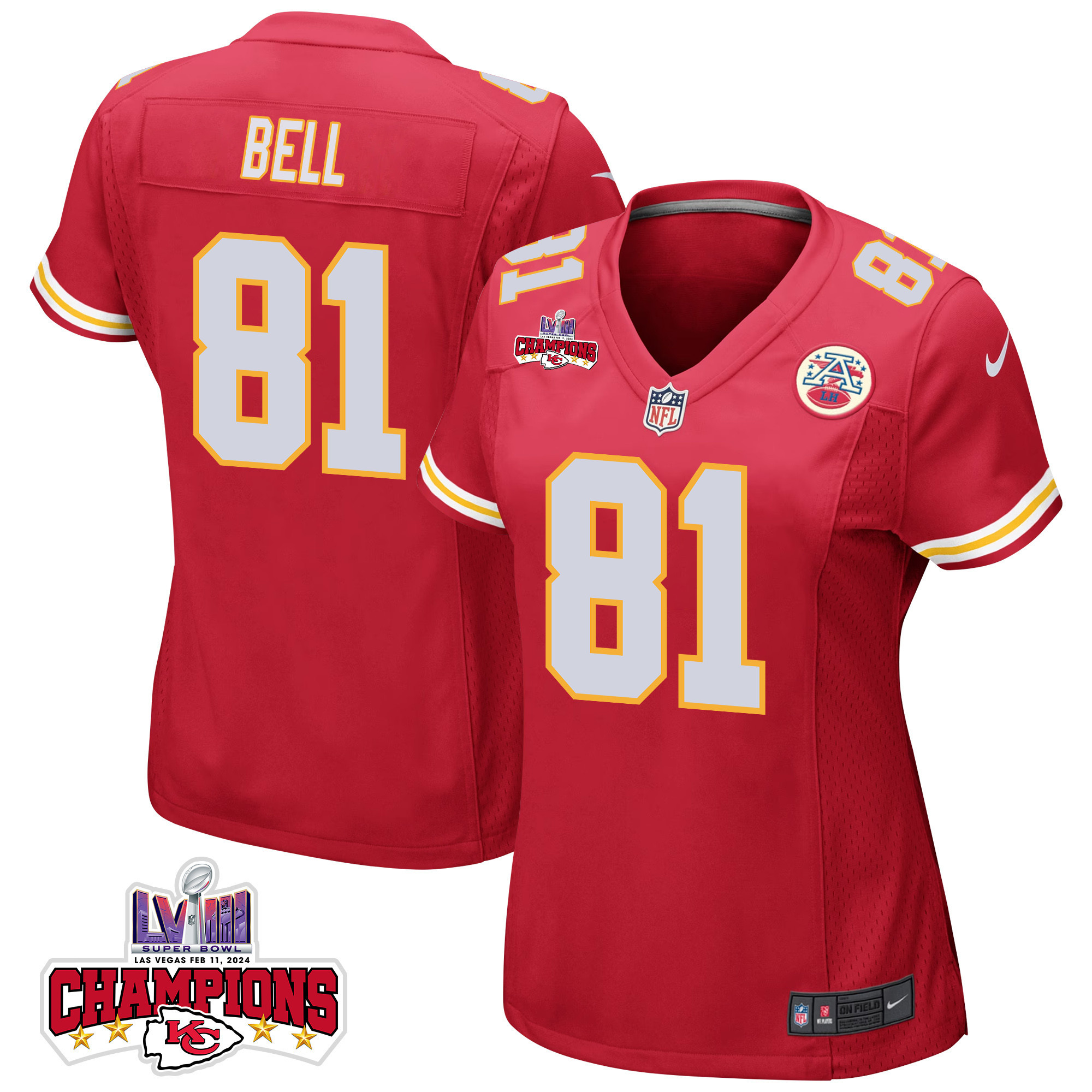 Blake Bell 81 Kansas City Chiefs Super Bowl LVIII Champions 4 Stars Patch Game Red NFL Jersey Women's