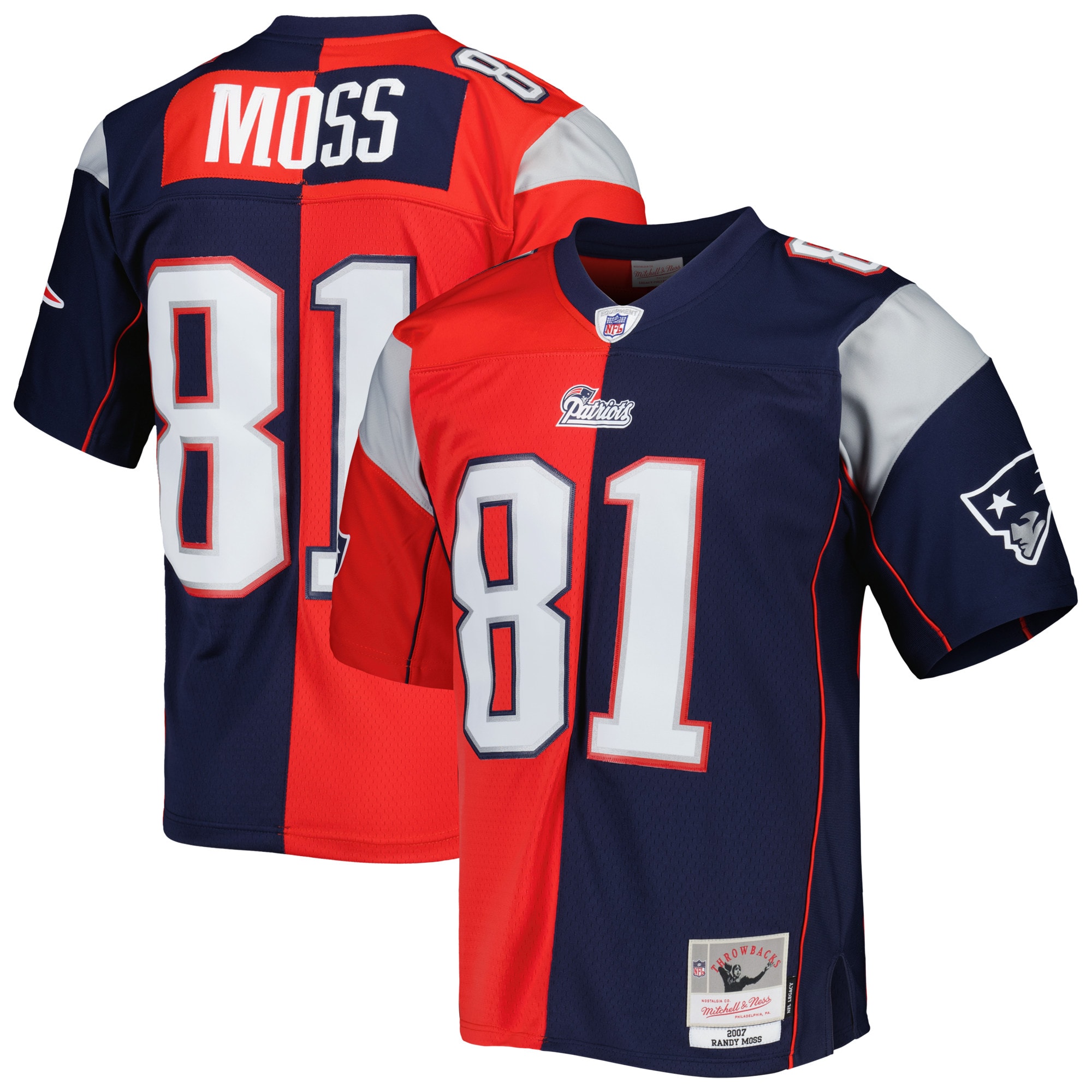 New England Patriots Randy Moss Mitchell Ness Navy/Red 2007 Split Legacy NFL Jersey Men's