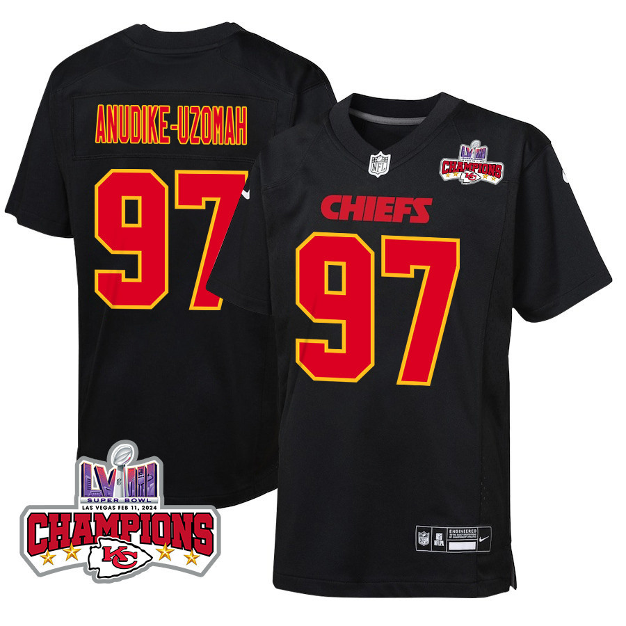 Felix Anudike-Uzomah 97 Kansas City Chiefs Super Bowl LVIII Champions 4 Stars Patch Fashion Game Carbon Black NFL Jersey Youth