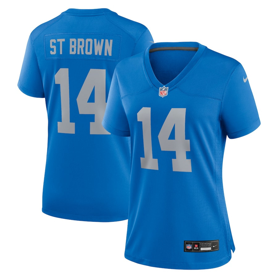 Amon-Ra St. Brown 14 Detroit Lions Alternate Game Blue NFL Jersey Women's